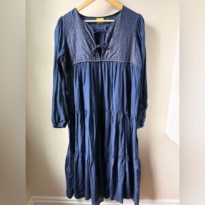 ANANDI Tiered Boho Midi Dress Hippie Prairie Cottagecore Navy Blue Loose Comfy S
